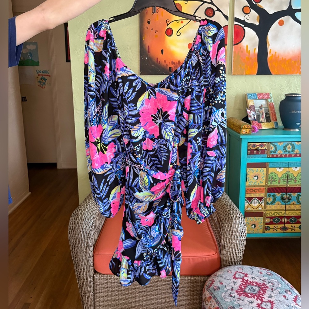 Lilly Pulitzer Black Floral Midi Dress with Pink & Blue Print